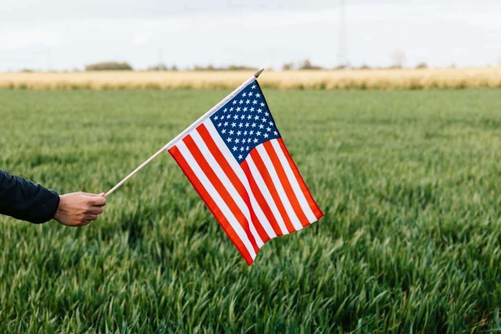 american flag in a grassy field